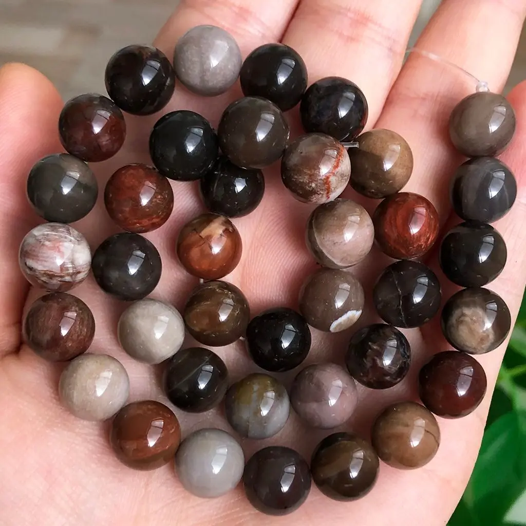 6 8 10 12mm Natural Stone Wooden Petrified Jades Bead Round Loose Beads For Jewelry Making Finding Bracelet Necklace Accessories