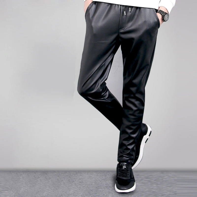 Idopy-pantalones bombachos de piel sintética para hombre, pantalón cálido con forro polar y cintura elástica, con cordón, de PU, para invierno