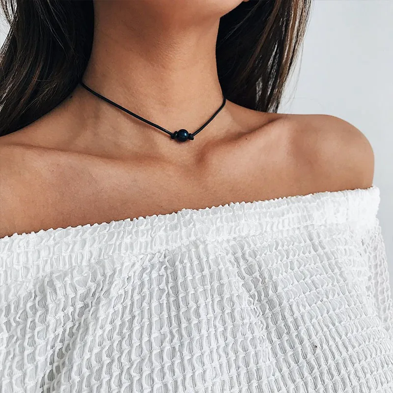 Black Leather Pearl Choker Necklace Real Pearl Necklace Single Pearl Choker Genuine Leather Necklace