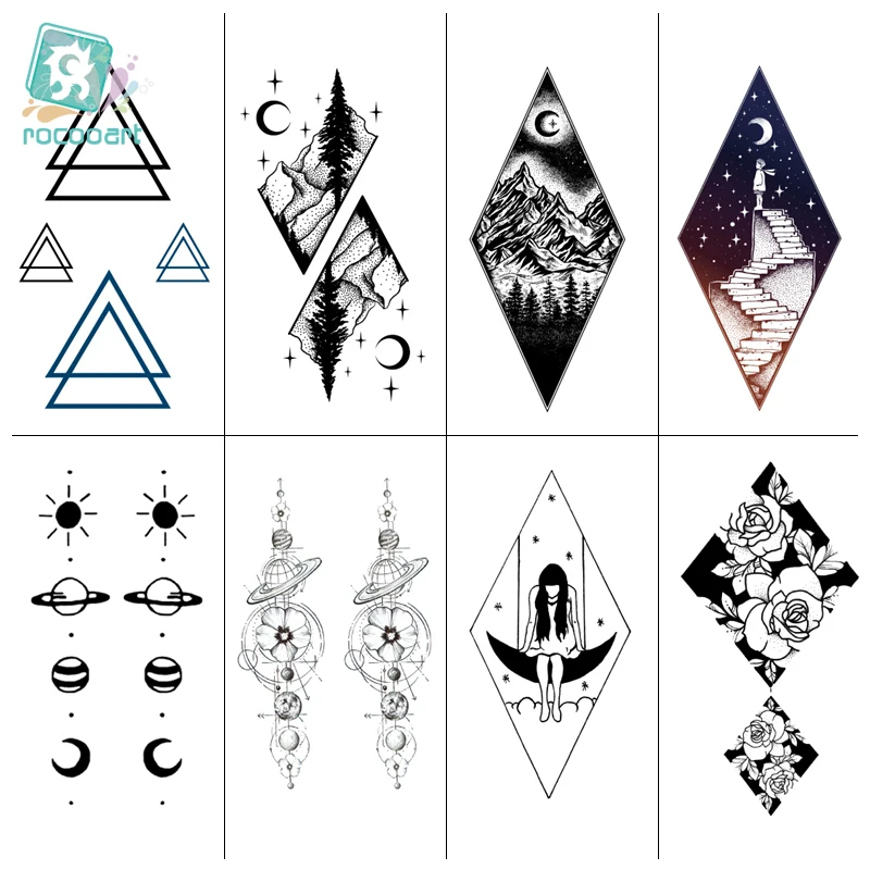 

Rocooart Temporary Tattoo Sticker Geometric Planet Jellyfish Tattoo Black Triangle Tattoo Body Hand Men Fake Waterproof Taty