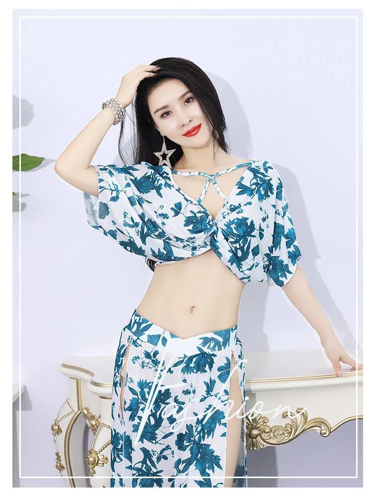 Women Belly dance costume summer new Ms printed water yarn performance suit suit oriental dance performance dance group costume