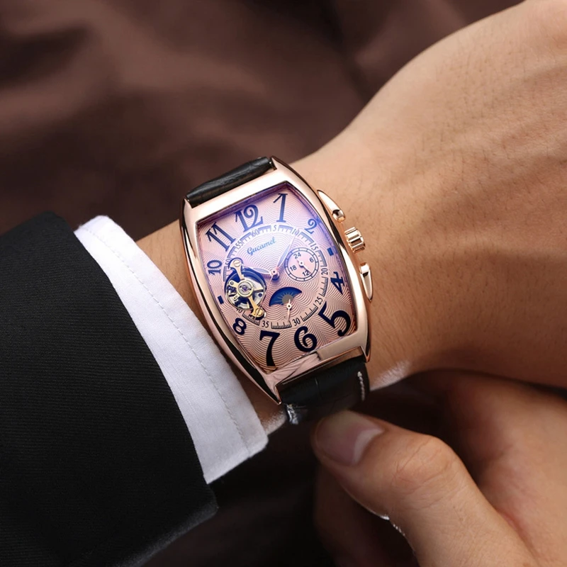 Luxury Automatic Mechanical Watches Men Moon Phase Skeleton Retro Self Winding Wristwatch Male Gold Case Clock Leather Watches