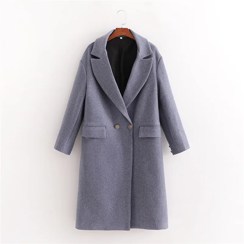 

Evfer Women Fashion Winter Double Breasted Loose Coats Female Casual Woolen Blue Outwear Ladies Blue Elegant Thick Long Jackets