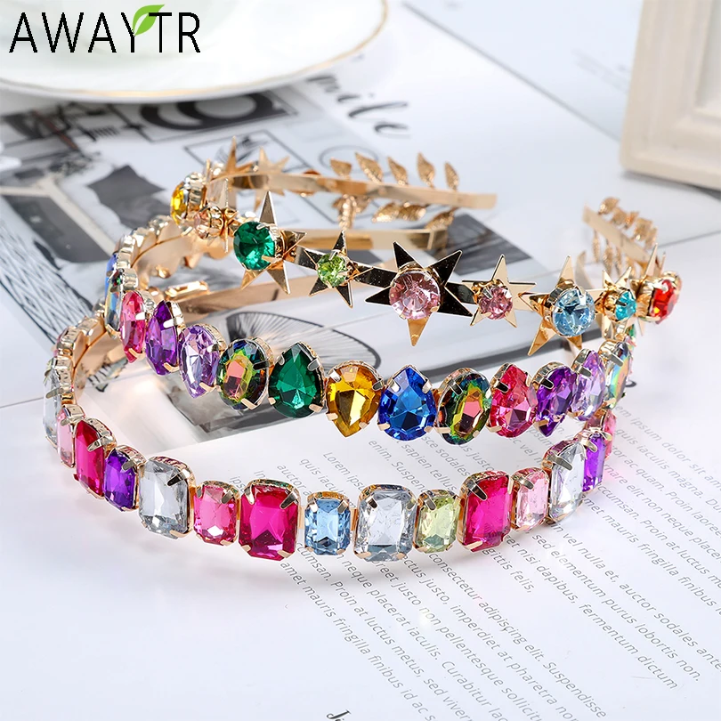 AWAYTR Baroque Jeweled Headband Hair Hoop Women Wedding Bride Flowers Crystal Hairband Rhinestone Bezel Elegant Hair Accessories