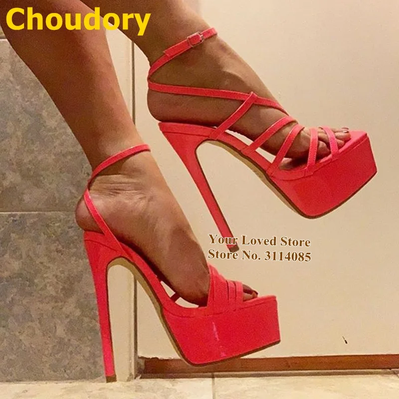 

Choudory Red Patent Leather Strappy High Heel Sandals Platform Caged Dress Shoes Buckle Strap Gladiator Pumps Size46 Dropship