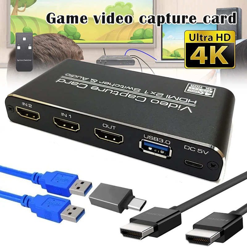 

4K 60fps HDMI 2 in 1 Out to USB3.0 Game Video Capture Card 1080p HD Broadcast Live Stream and Record Grabber Converter P