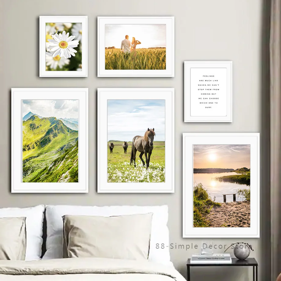 Nature Flower Mountain Lake Boat Grass Sun Wall Art Canvas Painting Nordic Posters And Prints Room Decoration Pictures