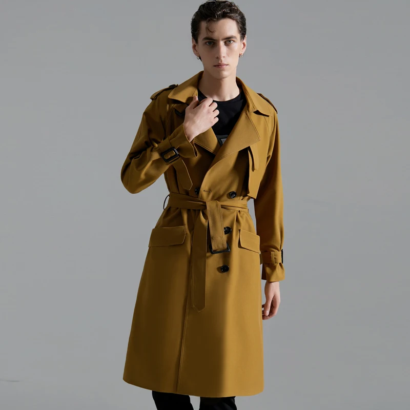 British Men's Long Moon Yellow Windbreaker 2023 Autumn and Winter Loose Raglan Sleeve Causal Trench Coat Free Shipping