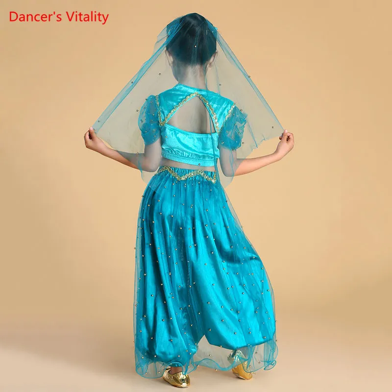 Belly Dance Suit Tulle Short Sleeve Top+Headscarf+Headwear+Wide Leg Pants 4-Piece Set Indian Dancewear Girl Performance Clothing