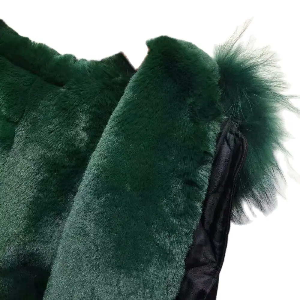 Black Bomber Fur Parka With Dark Green Faux Fur Lined Short Filght Mini Jacket Women Beautiful Lady In Winter Raccoon Fur Collar