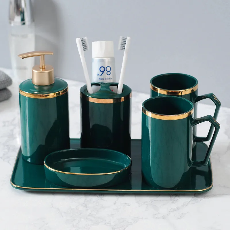 Bathroom Accessories Set Ceramic Soap Dispensers Toothbrush Holder Gargle Cups Soap Dish With Tray Wedding Gifts Luxury Green