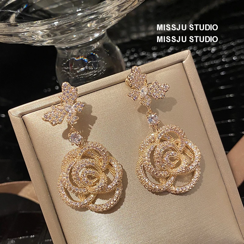 

925 Silver Needle Stud Drop Earrings For Women Vintage Rose Camellia Butterfly Luxury Fine Jewelry Wedding Brincos Ear
