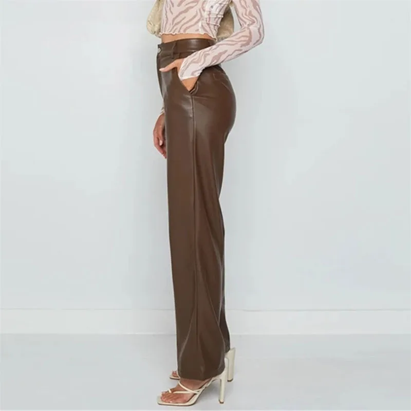 Women's PU Pants High Waist Loose Style Trousers With Pockets Solid Color Straight-leg Pants Brown Black Streetwear Autumn