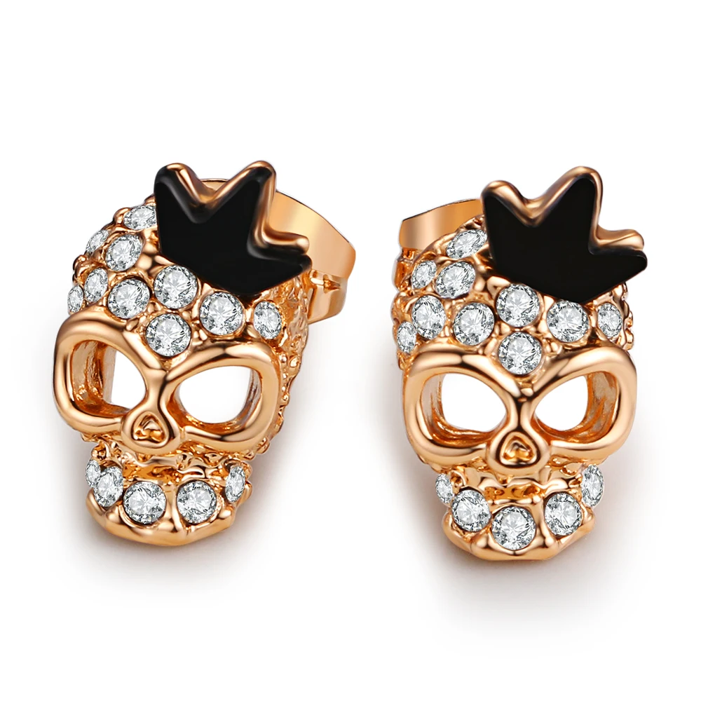 Punk Gothic Skull Stud Earrings For Women Men Rose Gold Color Halloween Jewelry Black Oil Drop Ear Accessories Jewellry E705