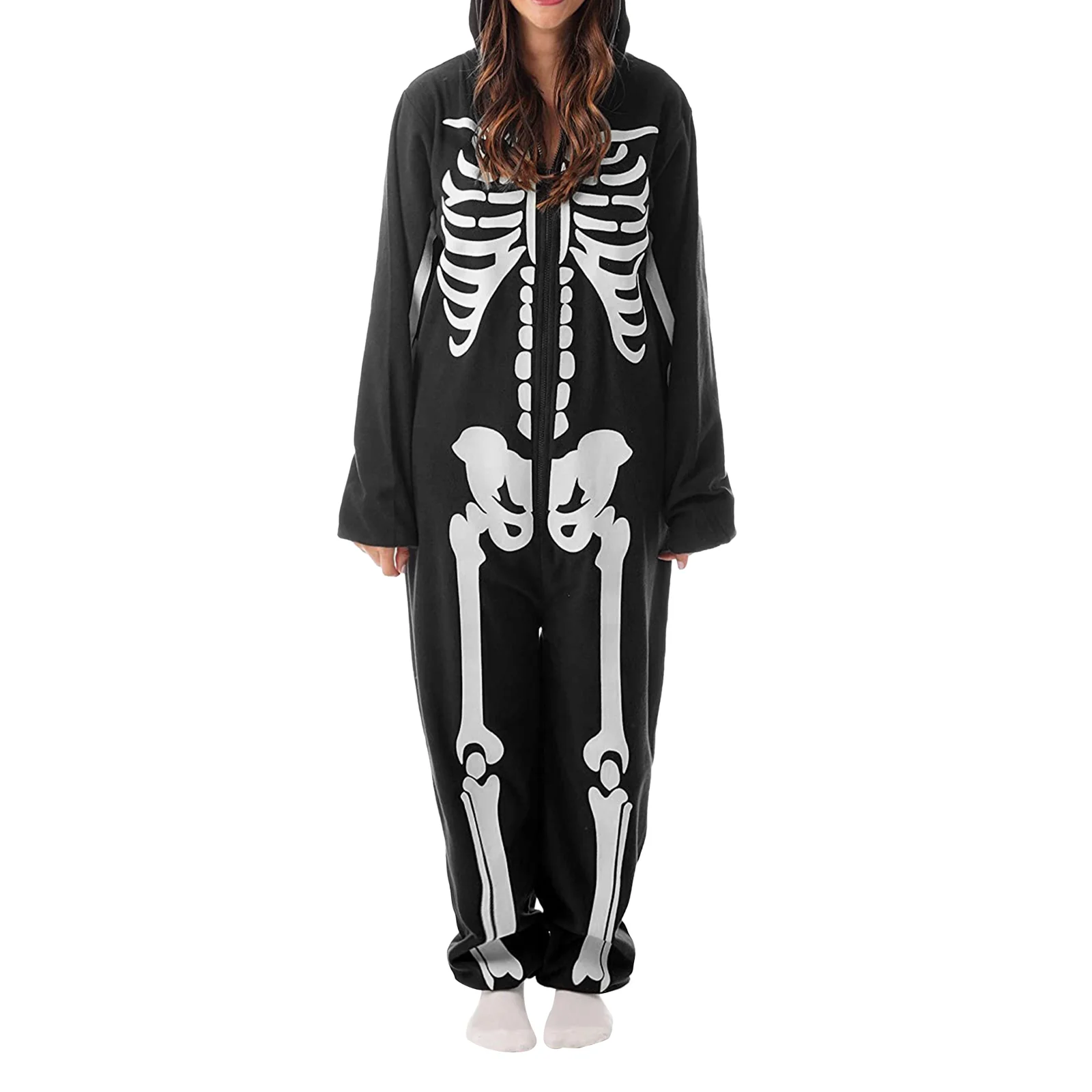 Family Matching Jumpsuit, Skeleton Print Long Sleeve Hooded Romper with Zipper for Parents Kids