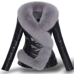 Hoge Kwaliteit Mode Vrouwen Lederen Jas Korte Faux Fox Bontkraag Slim Dikke Warme Winter Jas Overjas Motorfiets Kleding