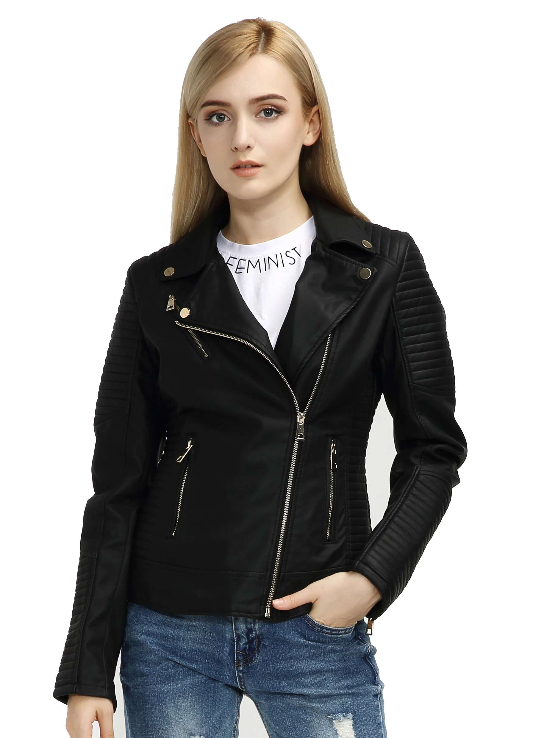 Imagem -02 - Giolshon Primavera Outono Mulheres Jaqueta de Couro Falso Senhoras Sólido Zíper Biker Cabolsa Feminino Casual Outwear