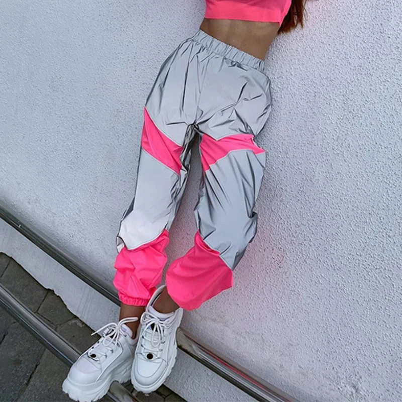 OMSJ-Calças Jogger Neon Reflexivas de Cintura Alta Feminina, Calças Cargo, Patchwork, Roupas de Streetwear, Flash, Soltas, Outono, Inverno, 2024