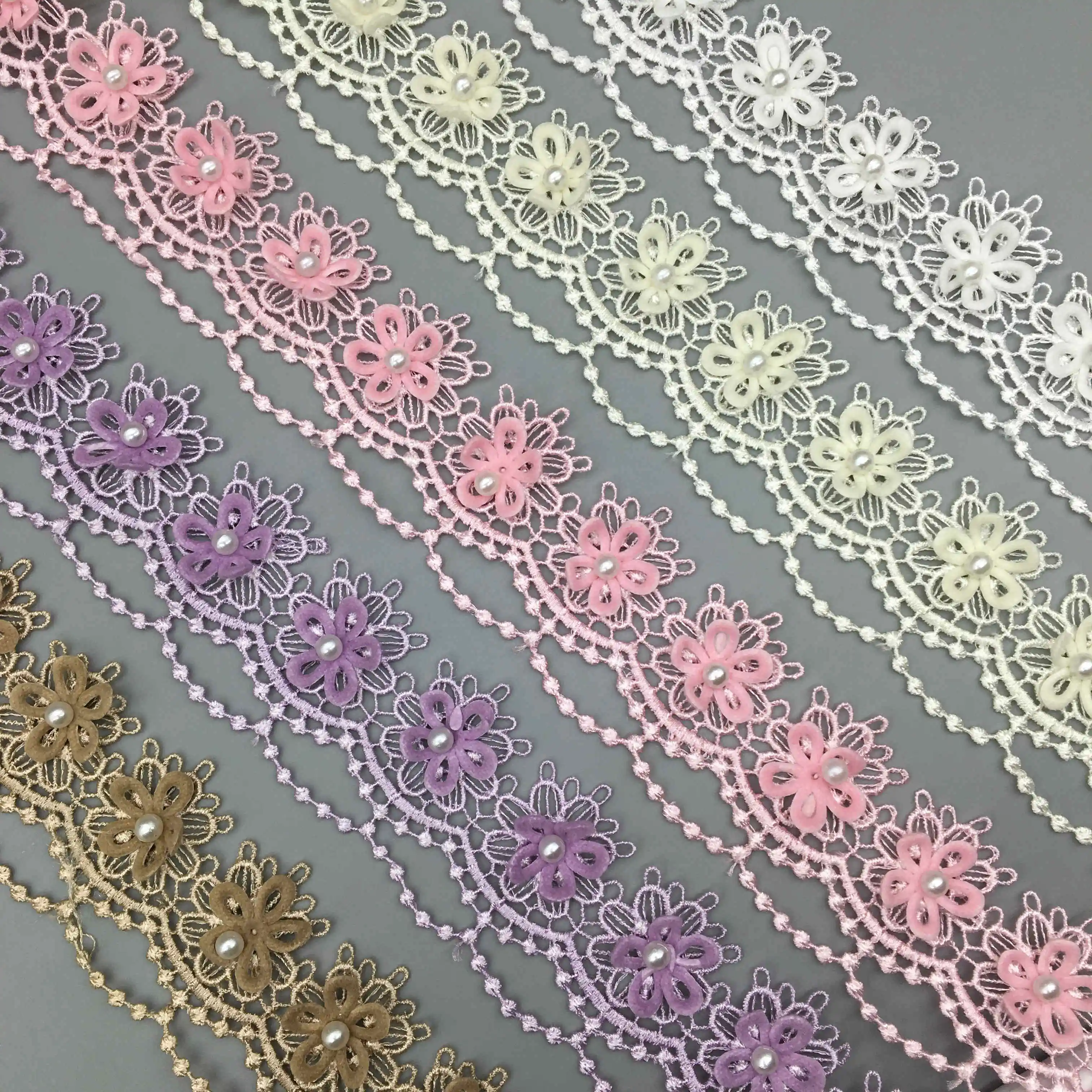 1 Yard Soluble Pearl Beaded Sun Flower Wave Embroidered Lace Trim Ribbon Applique DIY Sewing Crafts For Costume Wedding Dress