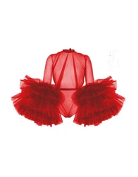 Tuta da donna Sexy See Thru Red con maniche lunghe a sbuffo increspature pagliaccetti in Tulle a strati top da donna in Tulle corto da spiaggia