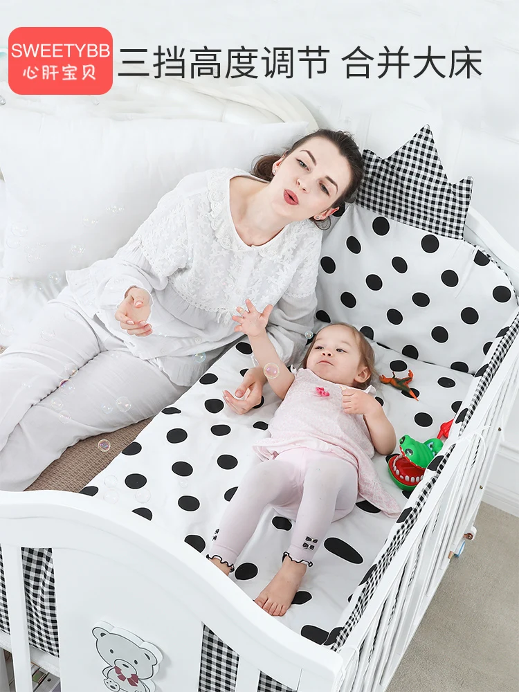 Berço de madeira maciça branco estilo europeu bebê bb cama berço recém-nascidos multi-funcional cama comum