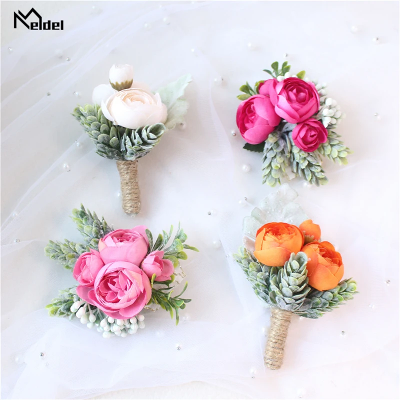 Meldel rosa bud pulso corsage mão flor homem boutonniere chá artificial rosa seda pulseira de pulso dama de honra casamento baile de formatura broche