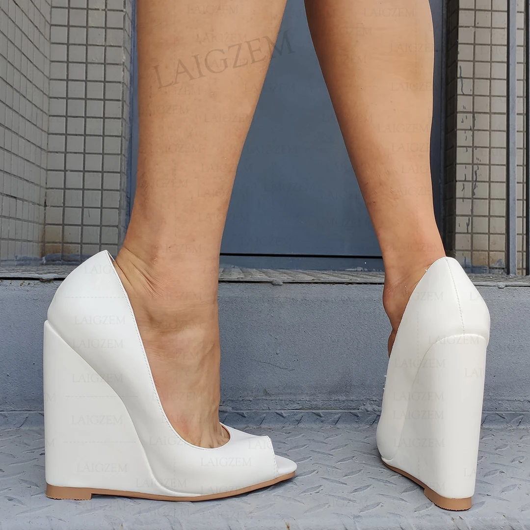 

LAIGZEM Women Heels Slip On Peep toe Wedge Pumps High Heels Dress Party Wedding Shoes Woman Faux Leather Big Size 41 44 46 47 52
