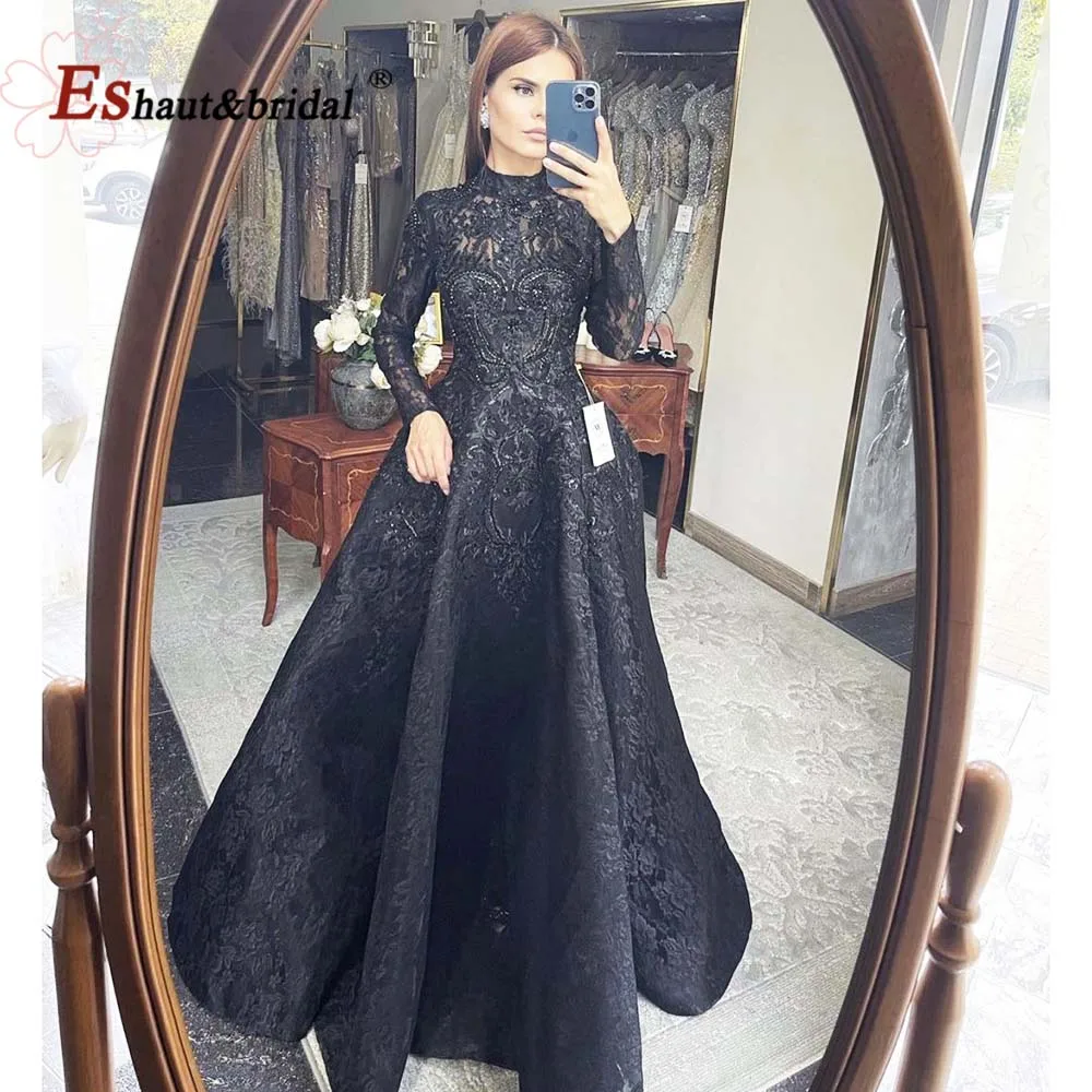 Rendas de luxo applique noite vestido 2022 muçulmano mangas compridas aline contas alta pescoço feito à mão formal casamento baile festa vestido