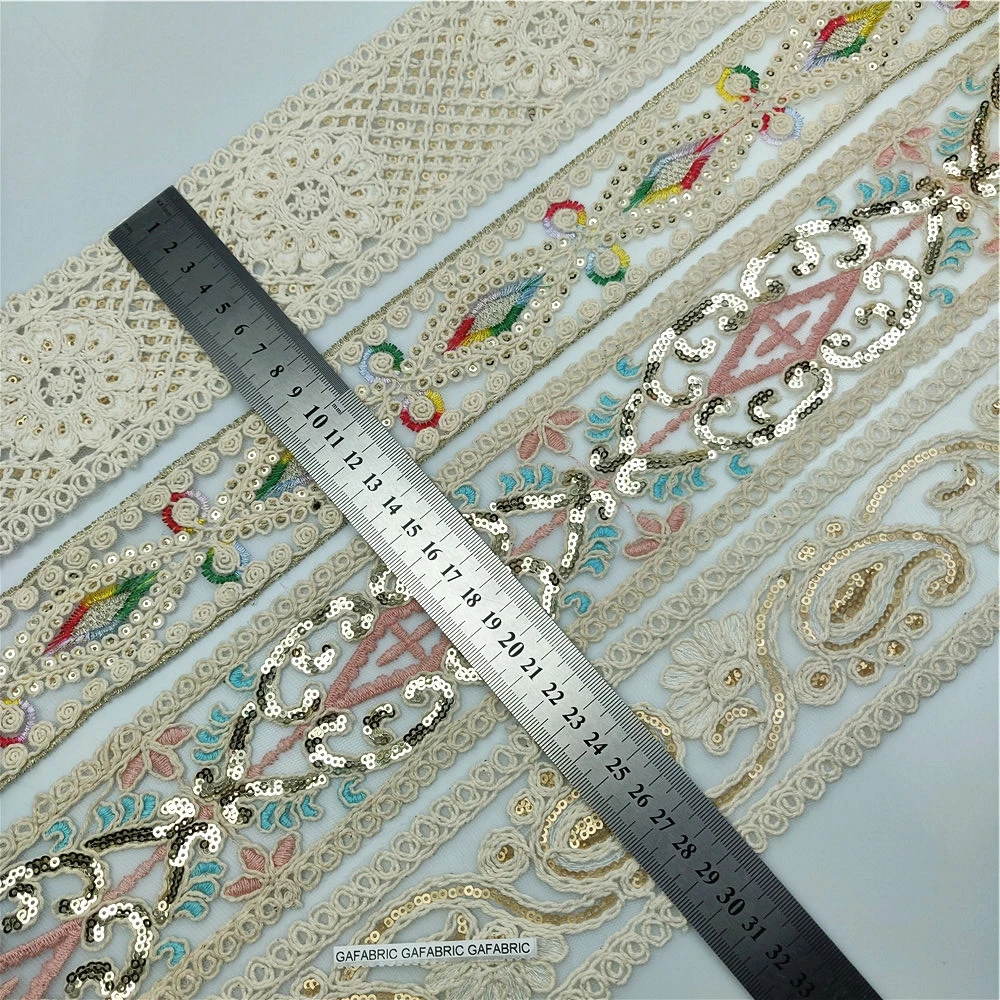 1 Yard Cotton Thread Embroidered On Mesh Lace Ribbon Headdress Sequins Webbing Fabric DIY Sewing Accessories For Dance Dress Bag