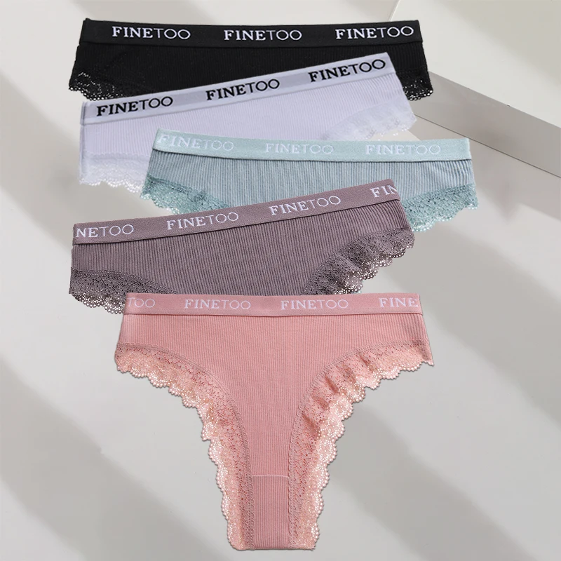 FINETOO 5 Teile/satz M-XXL Baumwolle Höschen frauen Brief Tanga Mädchen Brasilianische Panty Sexy Spitze Unterwäsche Für Frau Dessous Bikini