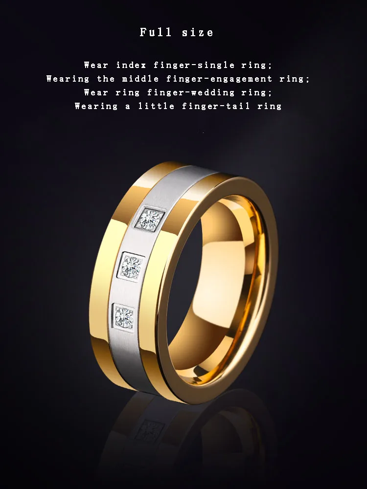 8mm Tungsten Rings for Men Gold Plating Wedding Bands 3 CZ Stone Marriage, Customized - Image 4