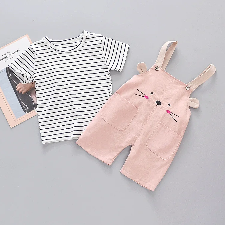 summer kids clothing new baby boy clothes sets cartoon short-sleeved striped T-shirt + shorts 2 piece boy girl suit