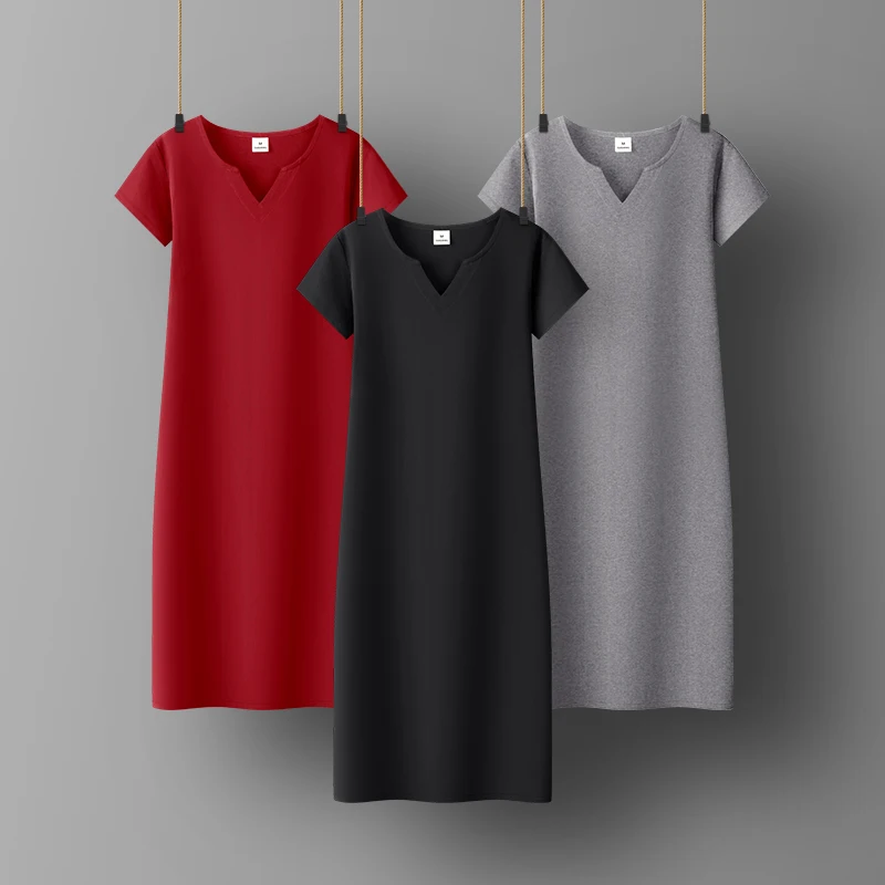 Woman Cotton Soft  Dress Short sleeve V-neck Casual  Elastic Lady office dress