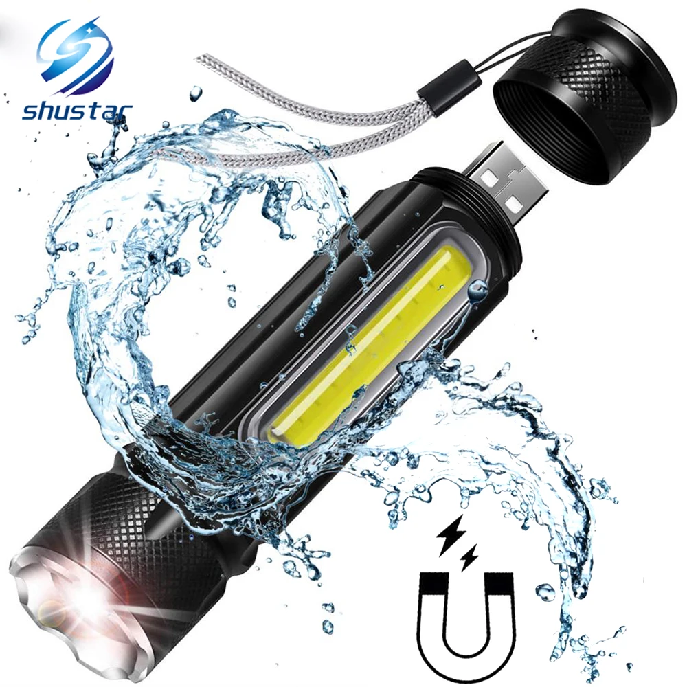 Waterproof Rechargeable LED Flashlight COB Work light Torch 4 lighting modes Support zoom Used for camping, cycling, work, etc