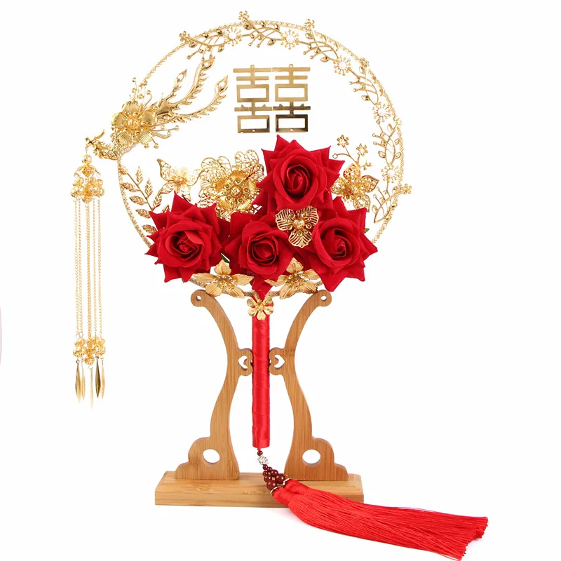 32*22cm Home Decor Fans Vintage Chinese Wedding Decorative Fans For Bride Photography Ornaments With Rose Flowers Phoenix