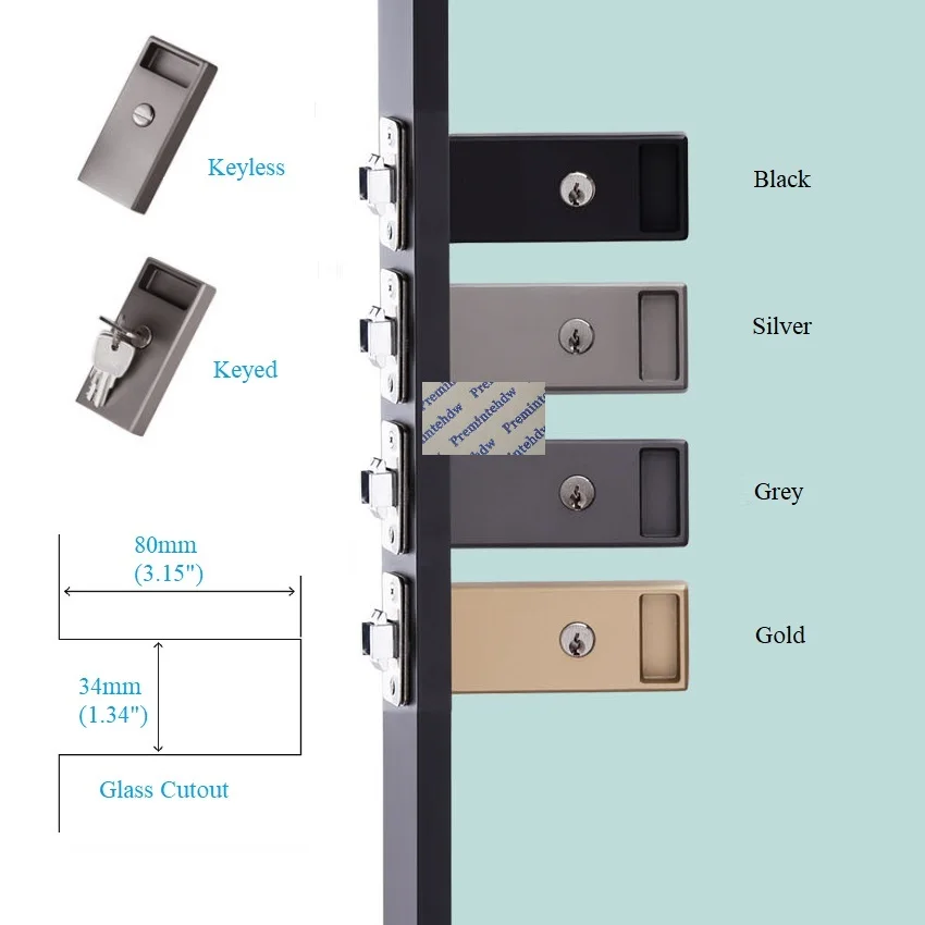 Rectangle Sliding Narrow Aluminum Framed Keyed Keyless Glass Lock With Finger Pull For Kitchen Office Cubicle Black Silver Gold