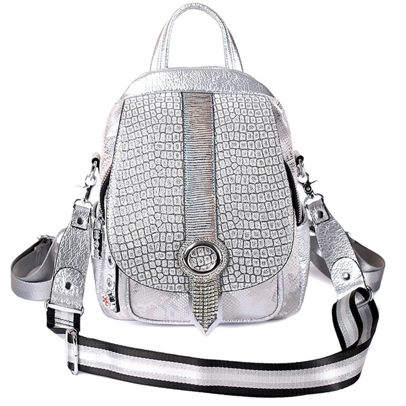 Brand Luxury Rhinestone Designer Handbag Fashion Diamond Backpacks Female Multifunction Shoulder Bag Women Small Silver Backpack