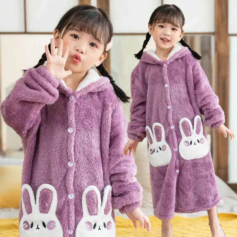 Female Warm Cute Casual Sleepwear Sweet Home Clothes Pajamas Girls Autumn Winter Robe Hooded Cartoon Bathrobe Girls Princess Set