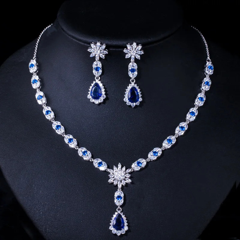 CWWZircons Elegant White Gold Color Flower Water Drop Women Party Wedding Necklace and Earrings Royal Blue CZ Jewelry Sets T184