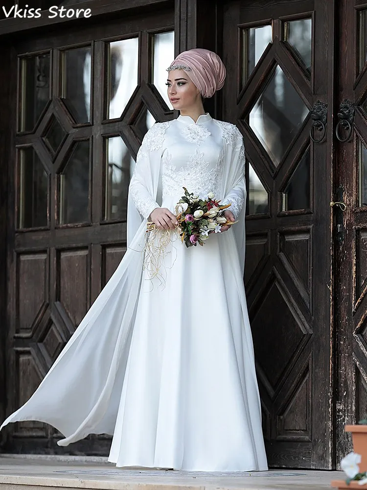 Pureสีขาวชุดราตรีมุสลิมสไตล์A-Lineคอยาวยาวแขนห่อProm Robe De Soirée de Mariage