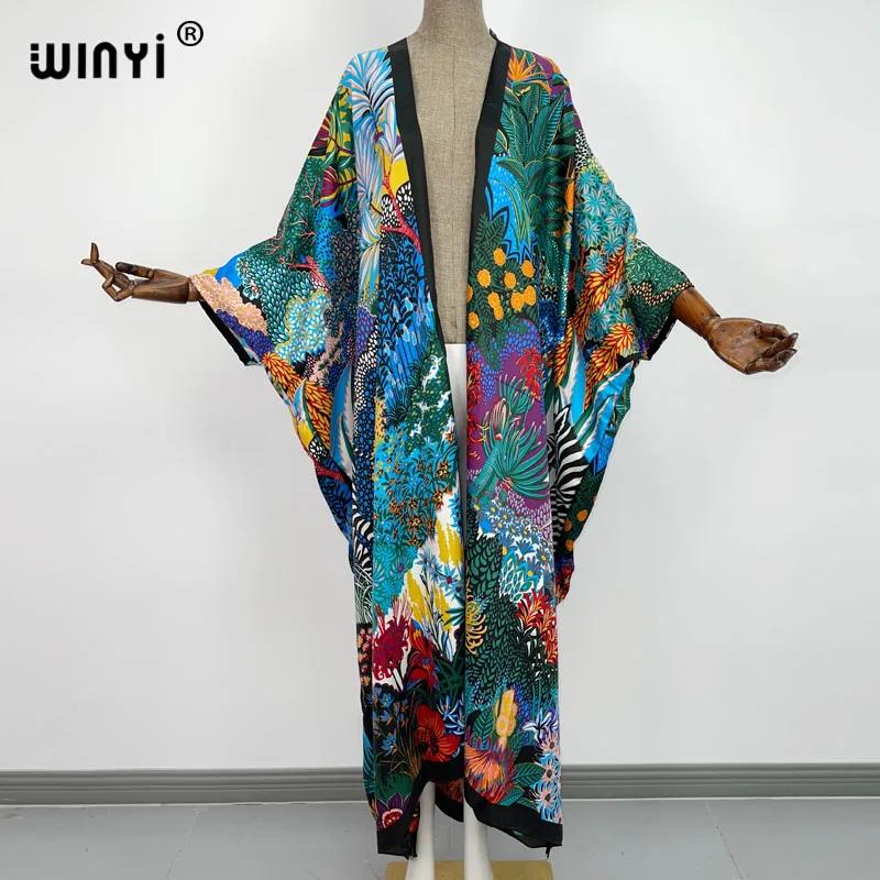 Middle East Autumn 2021 WINYI Women Cardigan Loose Long Dress Cocktail Party Boho Maxi African Holiday Batwing Sleeve Silk Robe