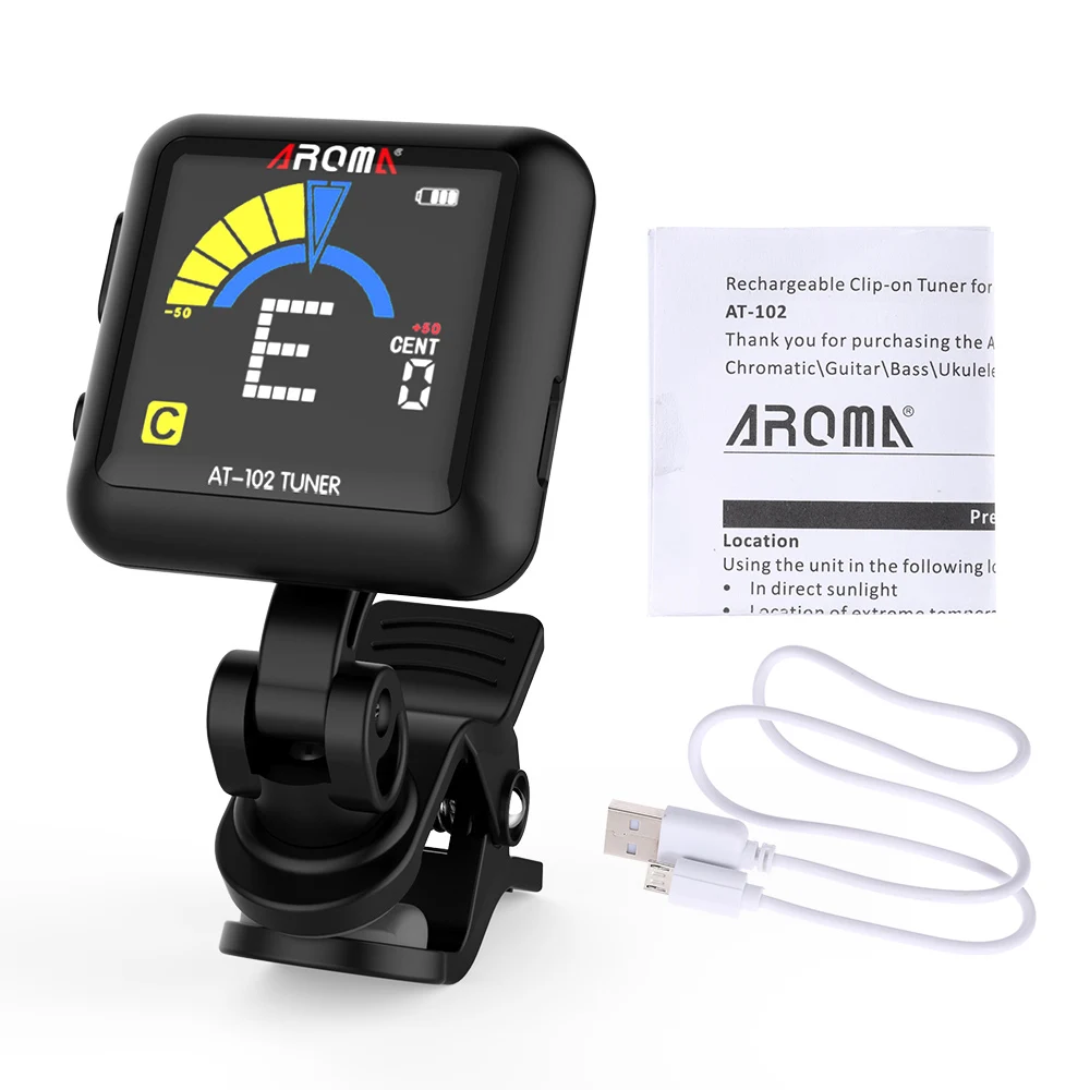 AROMA AT-102 Rechargeable Clip-on Guitar Tuner Color Screen with Built-in Battery USB Cable for Chromatic Guitar Bass Ukulele