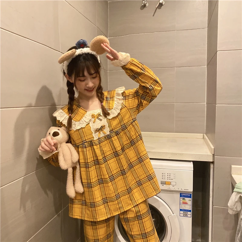 Women Pajamas Sets With Pants Long Sleeve Sexy Nightwear Pyjama Cute Casual Plaid Top+pants Pijama Luxury Brand Nightgowns