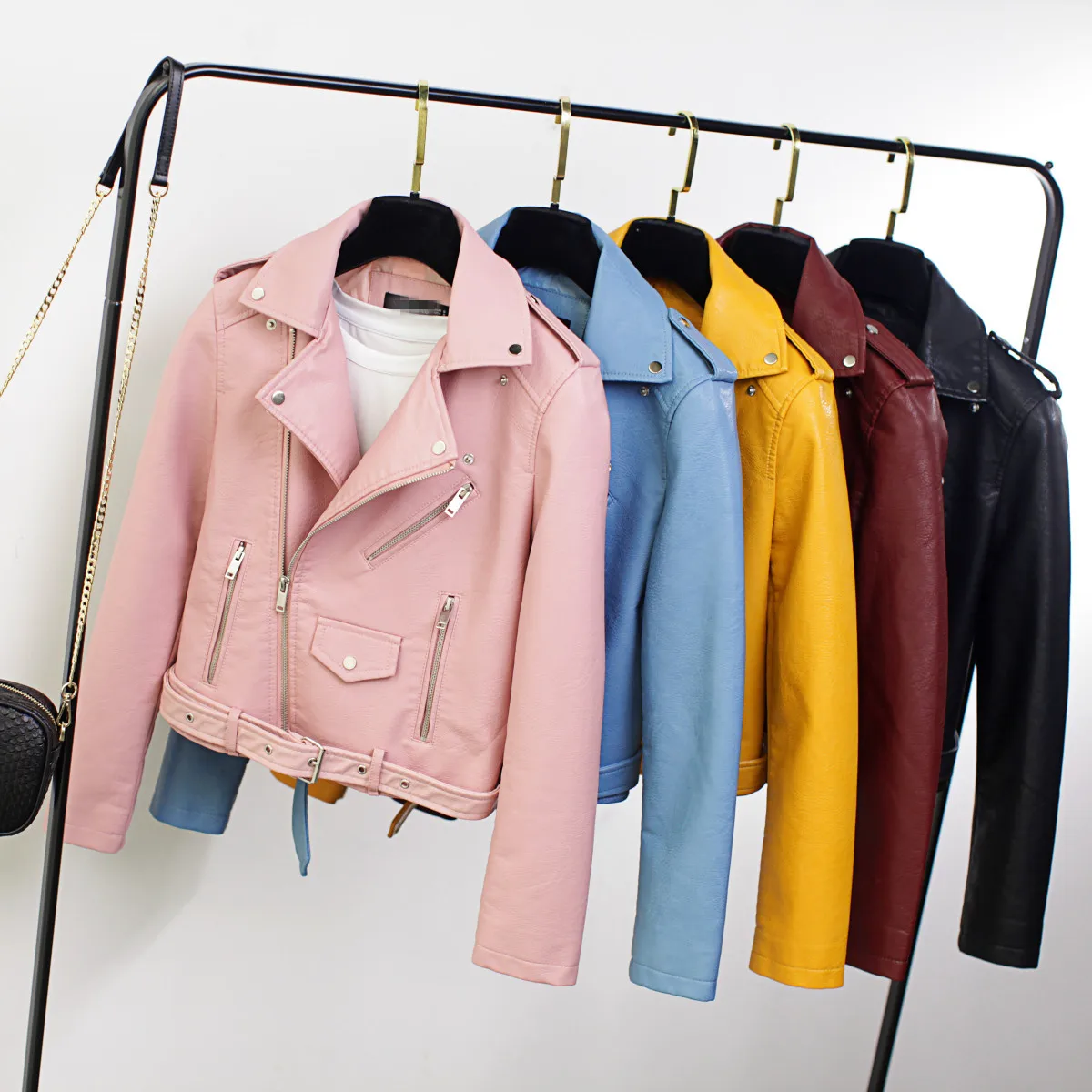 2019 Winter Autumn Women PU Faux Soft Leather Jacket Long Sleeve Pink Biker Coat Zipper Design Motorcycle PU Yellow Black Jacket