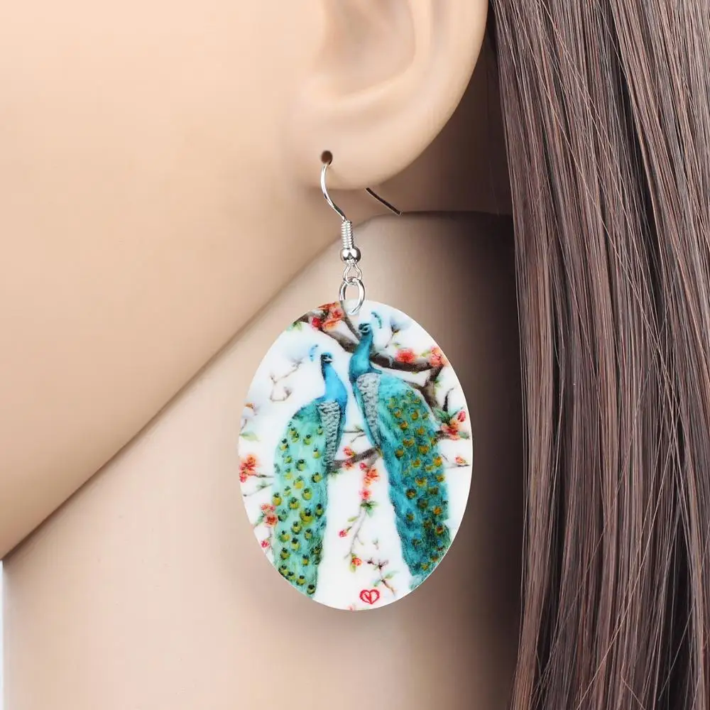 Bonsny Acrylic Oval Blue Peafowl Peacock Earrings Print Long Feather Wild Animal Dangle Drop For Women Girl Fashion Gift Jewelry