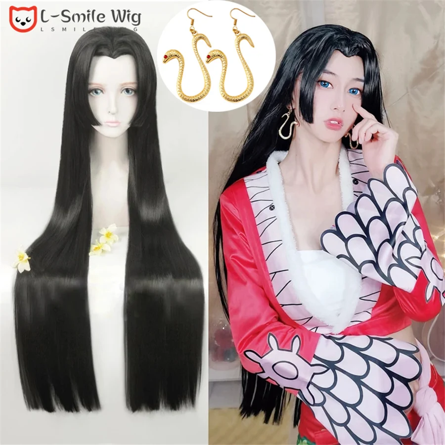 

Boa Hankokku Hancock Cosplay Wig 100cm Styled Black Long Wig With Earrings Heat Resistant Hair Party Anime Wigs + Free Wig Cap