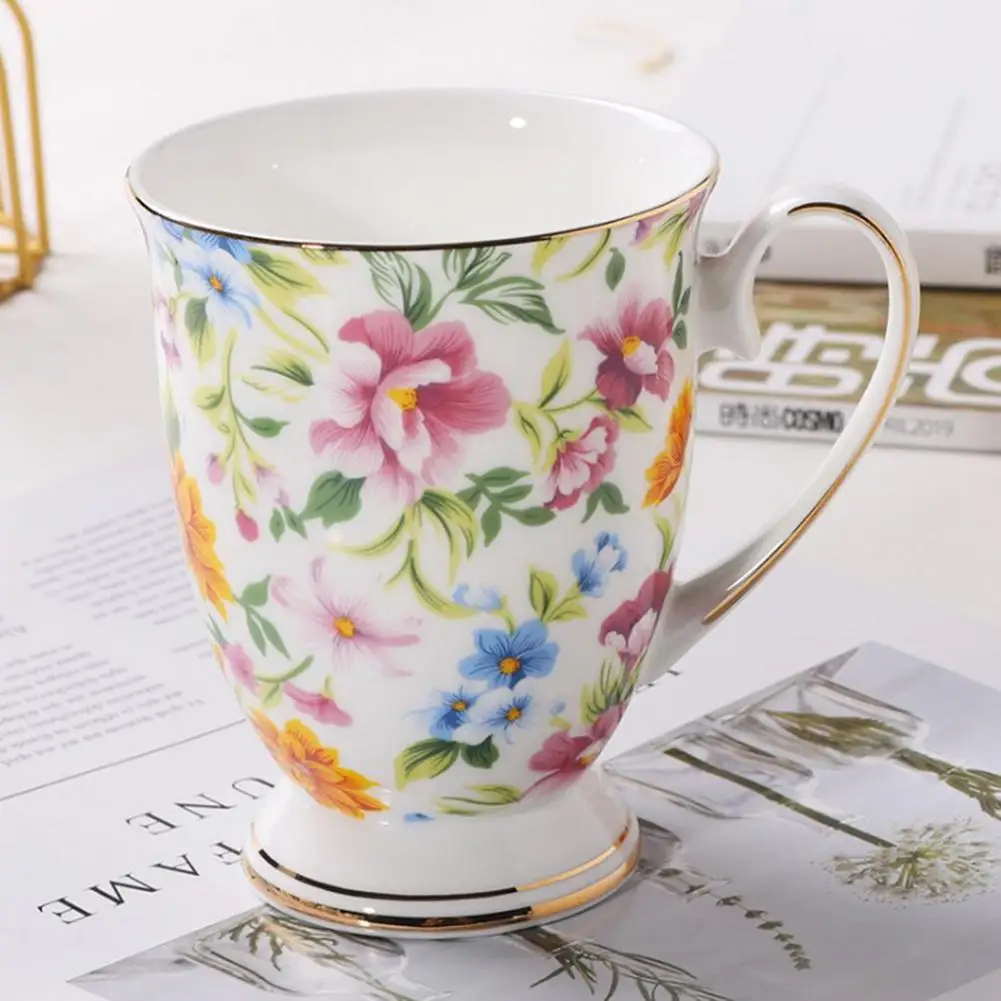 2023 Vintage Bone Ceramic Mugs Flower Print Milk Breakfast Coffee Mug Tea Cup with Handle Home Office Travel Cups Exquisite Gift