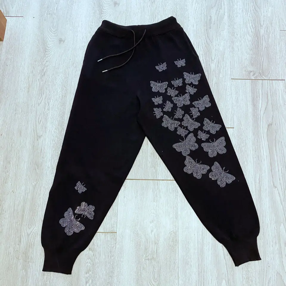 2020 Fall Butterfly Hot Drilling Harem Pants Women's Korean Trousers Fashion Elastic Waist Ankle-Length Pants Black Women Pants