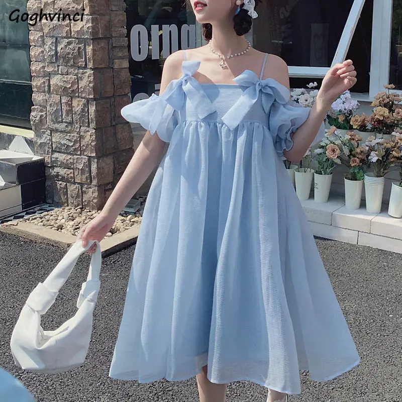 Sleeveless Dresses Women Student Sweet Fashionable Bow Solid Chic Lovely Girls All-match Leisure Summer Design Spaghetti-strap