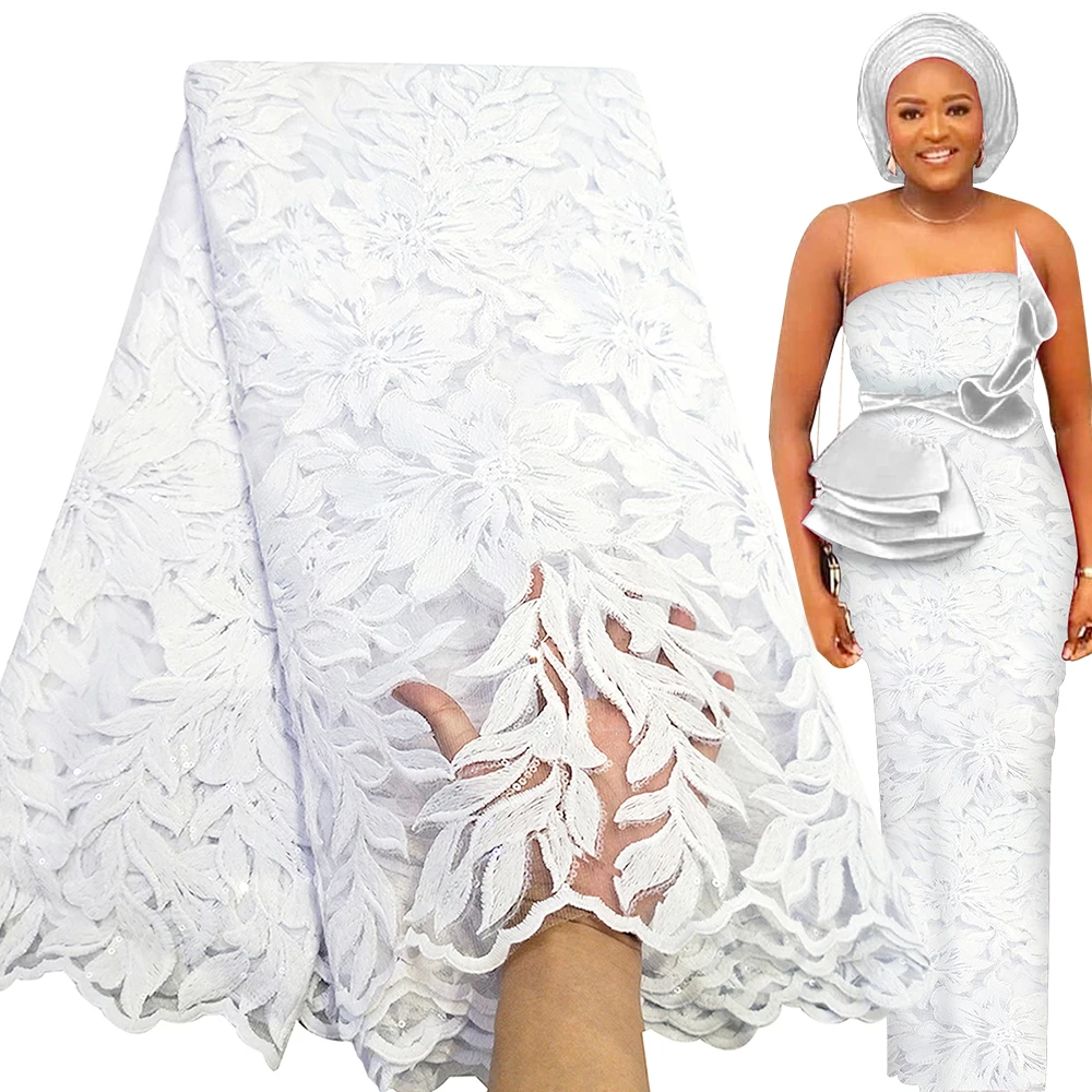 Bestway Elegant White African Lace Fabric 5 Yards High Quality Nigerian Wedding Asoebi Dress Material Sequins French Tulle Laces